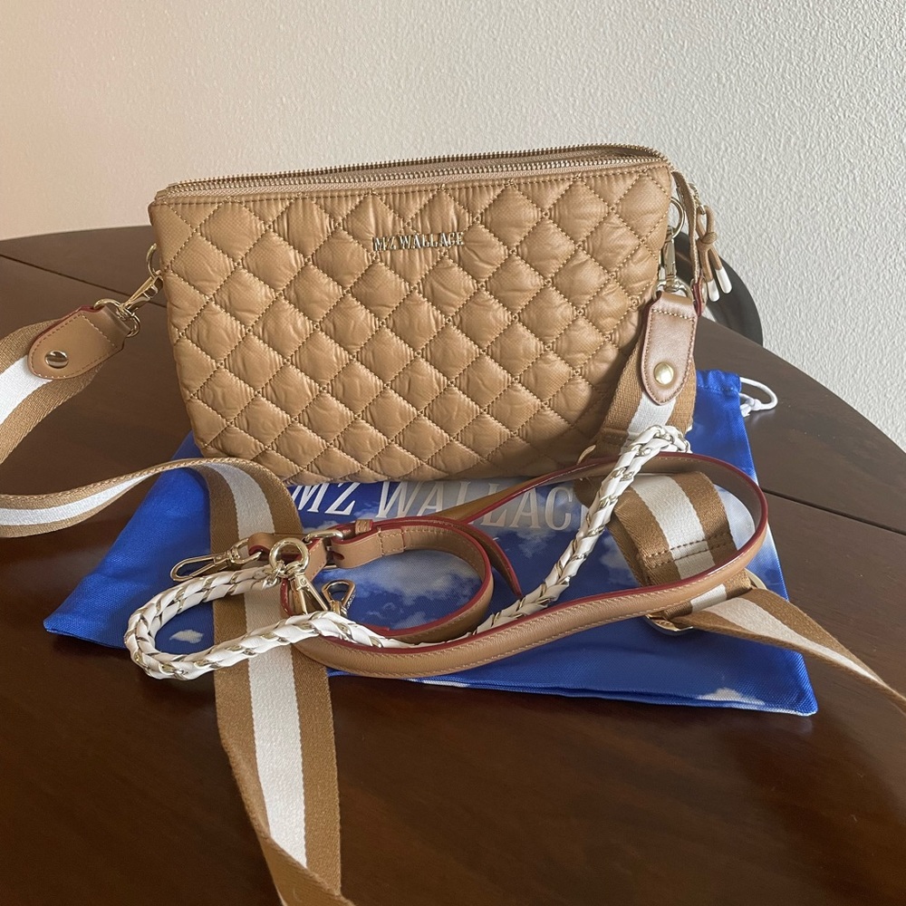 MZ Wallace Quilted Tan Crossbody Bag with Striped Strap